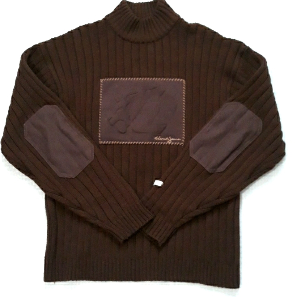 Vintage CLENCH JEANS pullover sweater ribbed wool blend elbow patch brown size L